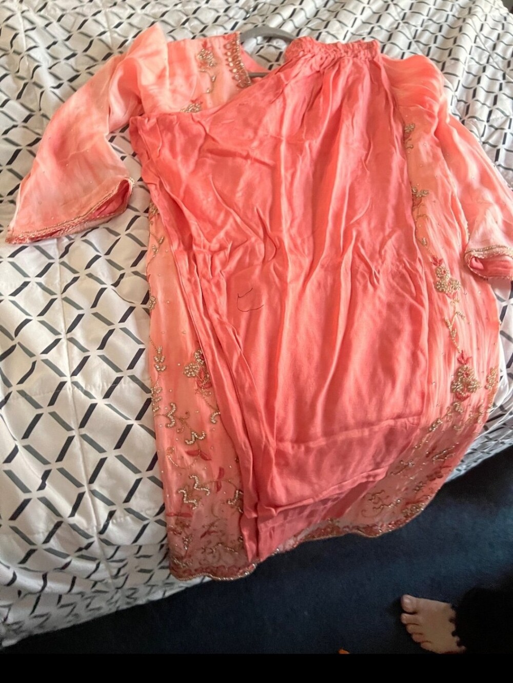 Rhinestone And Mirror Work Coral Salwar Shalwar Kameez - Picture 7 of 11